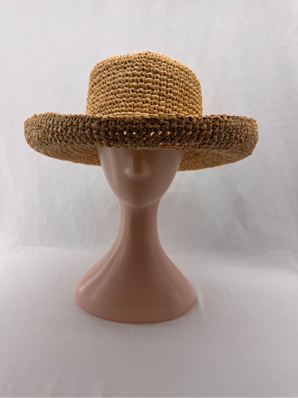 SCALA Hand Crocheted Raffia Sun Hat - Packable Travel Beach Hat - Natural Boho